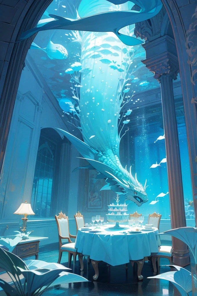 enchanted underwater environment:
Dining room - **Walls and Ceiling**: Made from luminescent coral and precious stones that glow softly, creating an ethereal light effect that reflects on the surrounding waters.
- **Table and chairs**: The table is an imposing piece of blue crystal, decorated with delicate shells and pearls, while the chairs are upholstered in fabrics that imitate the texture of a dragon's scales.
- **Decoration**: Seaweed curtains and chandeliers made from giant seashells hang from the ceiling, casting a soft, welcoming glow. The walls are adorned with tapestries illustrating epic scenes of underwater battles and historic royal moments..
- **sight**: Large panoramic windows offer a spectacular view of the seabed, showing marine life and the castle's underwater gardens.
The room is designed to provide a majestic and tranquil experience, combining the grandeur of royalty with the serene beauty of the underwater world.
With a feast of strange foods with fish and seaweed , strange fruits never seen before , strange drinks with a fish tail in the glass and vegan seaweed cake with some sea candy and oysters on a plate
