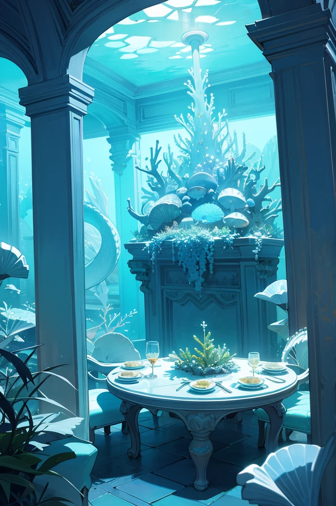  enchanted underwater environment:
 Dining room - **Walls and Ceiling**: Made from luminescent coral and precious stones that glow softly, creating an ethereal light effect that reflects on the surrounding waters.
- **Table and chairs**: The table is an imposing piece of blue crystal, decorated with delicate shells and pearls, while the chairs are upholstered in fabrics that imitate the texture of a dragon&#39;s scales.
- **Decoration**: Seaweed curtains and chandeliers made from giant seashells hang from the ceiling, casting a soft, welcoming glow. The walls are adorned with tapestries illustrating epic scenes of underwater battles and historic royal moments..
- **sight**: Large panoramic windows offer a spectacular view of the seabed, showing marine life and the castle&#39;s underwater gardens.

The room is designed to provide a majestic and tranquil experience, combining the grandeur of royalty with the serene beauty of the underwater world.

With a feast of strange foods with fish and seaweed , strange fruits never seen before , strange drinks with a fish tail in the glass and vegan seaweed cake with some sea candy and oysters on a plate
