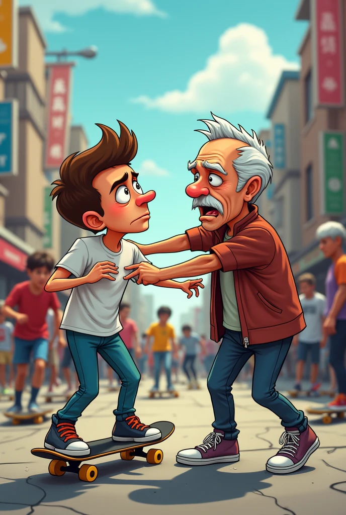 in the form of a carton I want an image, with a skateboarder being held by the shirt from the front by an old hater in an aggressive way, and the adult skateboarder looking uncomfortable, then in a very busy street and full of skateboarders around
