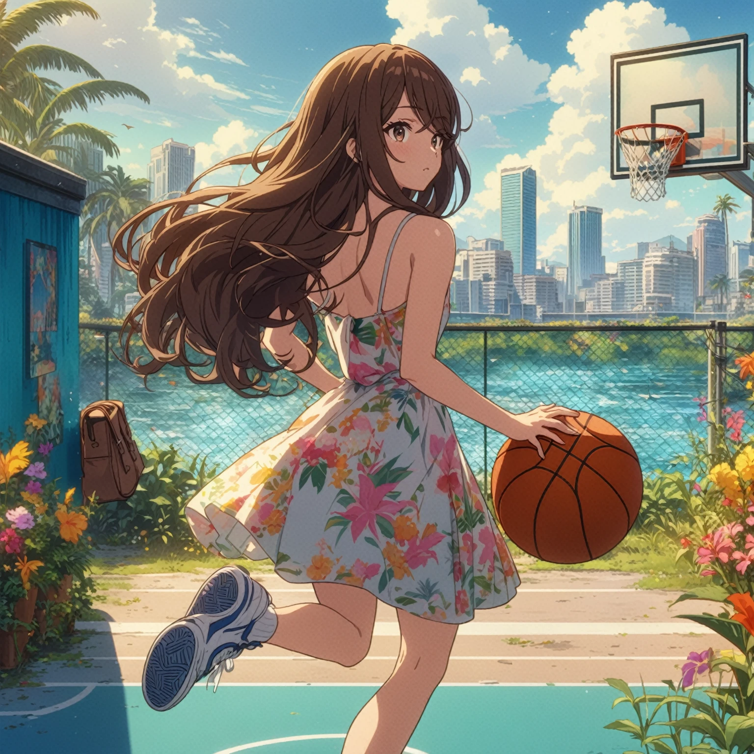 Best quality, masterpiece, looking up, she shoots basketball, basketball court, very long hair, brown hair, (((swept bangs))), brown eyes, strapless pink shirt with yellow pocket, jeans, satchel, sneakers, anime cartoon, tropical plants, outdoors, teal building, river, fencing, city buildings in distance, colorful flowers, weeds, trees, palm tree, people in background, sweat, 