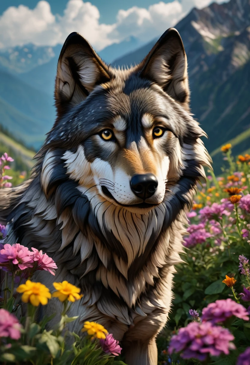 professional photos of a wolf among flowers, mountains in background :: highly detailed,shot on Hasselblad X1D-50c,ISO 100 --ar 3:2 --q 2 --v 4 -