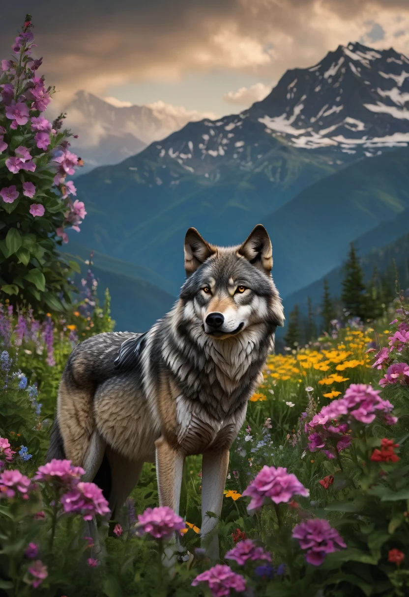 professional photos of a wolf among flowers, mountains in background :: highly detailed,shot on Hasselblad X1D-50c,ISO 100 --ar 3:2 --q 2 --v 4 -