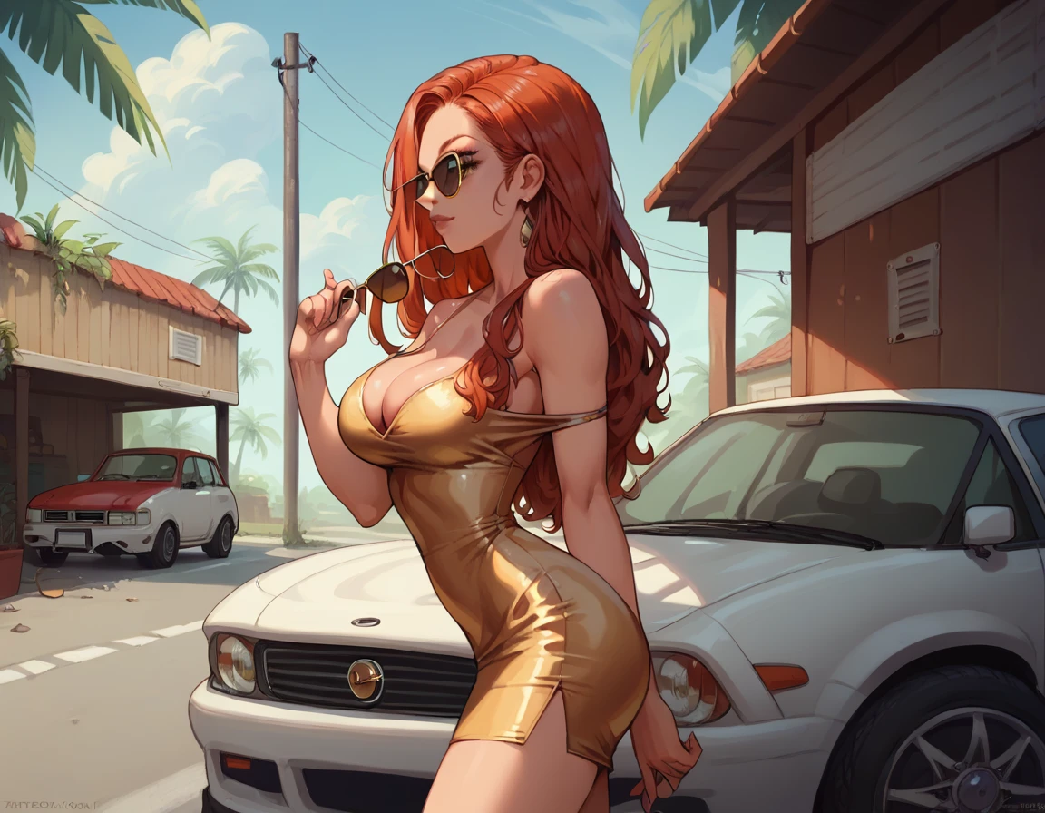 (1 girl, solo ), (girl is (redhead long hair), perfect body, detailed olive eyes, sunglasses, (one shoulder gold mini dress, cleavage) ), (background, garage, tropical weather, (white car)), (side view)