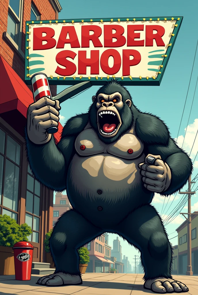 Barber shop sign featuring a monkey with a furious giant gorilla beating its chest and holding a five-star Wall machine in its hands.