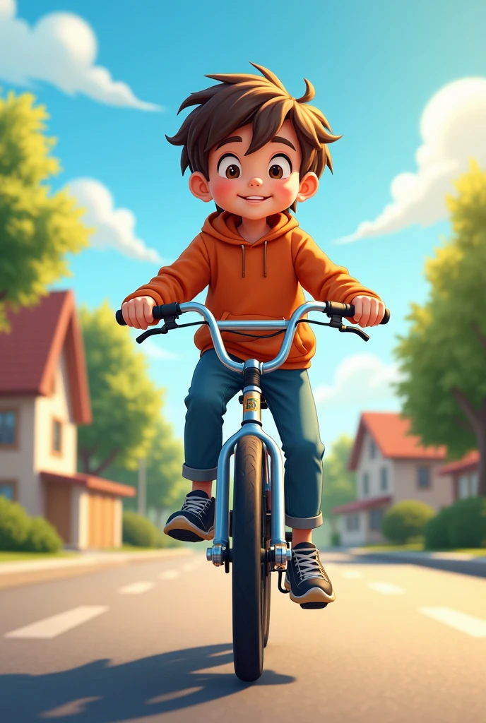 Child riding a BMX bike, he is happy riding on a quiet street. It's a beautiful sunny day.