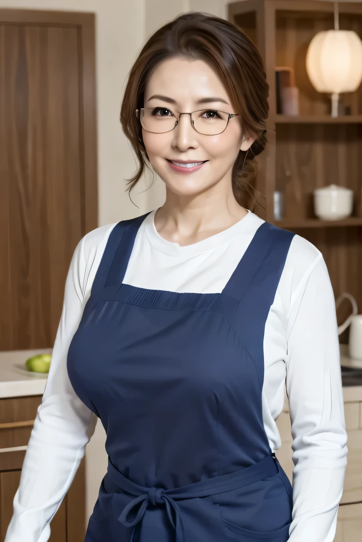 Full Body Shot,,50 years old,Mature Woman,Detailed Eyes,Wrinkles around the eyes,A kind smile,Big Tits 1.9,Saggy breasts 1.3,Plump body,Plump face 1.2,sensuous,(masterpiece:1.6, Highest quality), Complex details, Written boundary depth,detailed, (Knitwear and apron,skirt),8k,Highest quality, masterpiece, Ultra-high resolution,, Random Hairstyles In the kitchen Sideways pose 1.6.Glasses