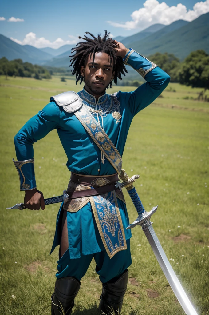 Orisha Black Man, warrior, shorth hair, blue clothes, with a raised sword, in a green field.