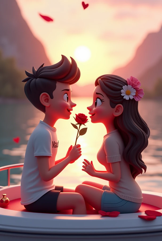 A couple siting on the beautiful boat .boyfriend proposed her girlfriend with black rose. Boy wearing a t-shirt wirten his name maruf and girl wearing a t-shirt writen her name mafiya 3d cartoon
