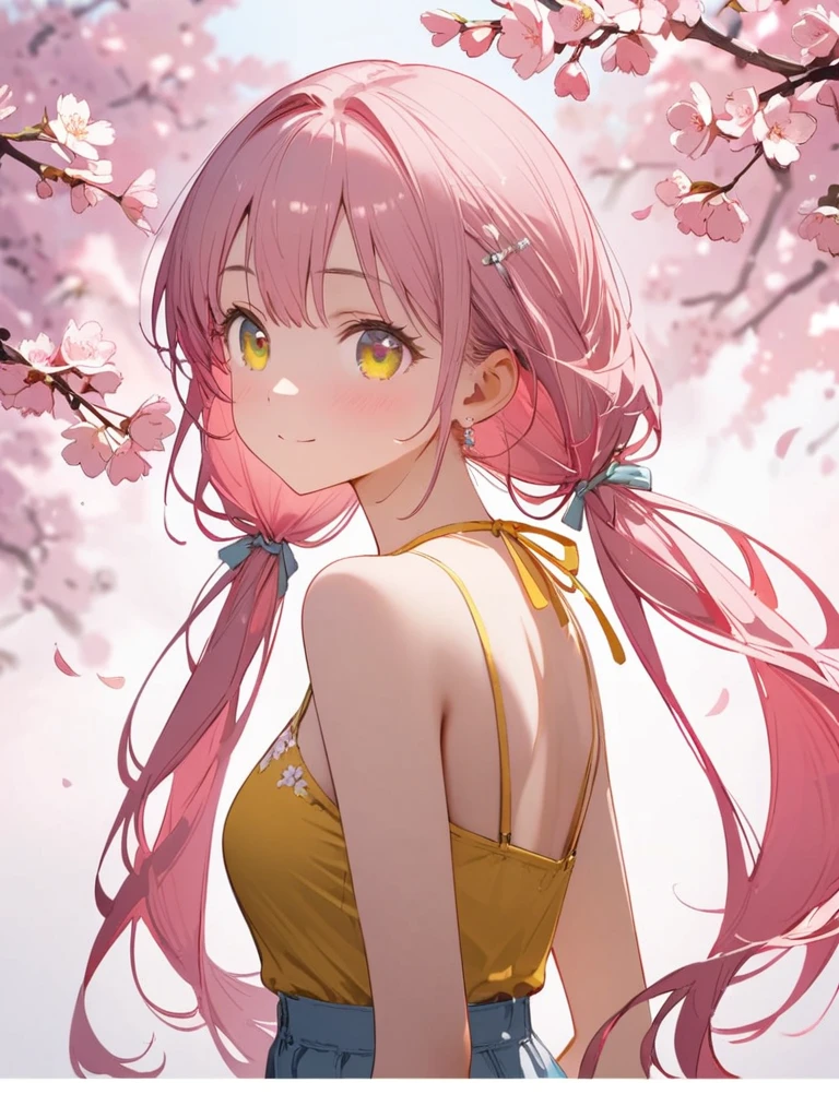 8K resolution, ((highest quality)), ((masterpiece)), ((Super detailed)), (And yet delicate and beautiful), beautiful girl, alone, gentle expression, She and(relax)and(Calm)exterior, pink hair in twintails,written boundary depth, bright smile, young look, bright yellow gold-colored eyes, Beautiful pink hair, beautiful background, long hair, line drawing, yellow halter top,medium breasts,bare arms,cherry blossomsのように輝く瞳, upper grade, wonderful eyes, cherry blossoms, cherry blossomsの木, cherry blossomsの花が舞っている, Upper body