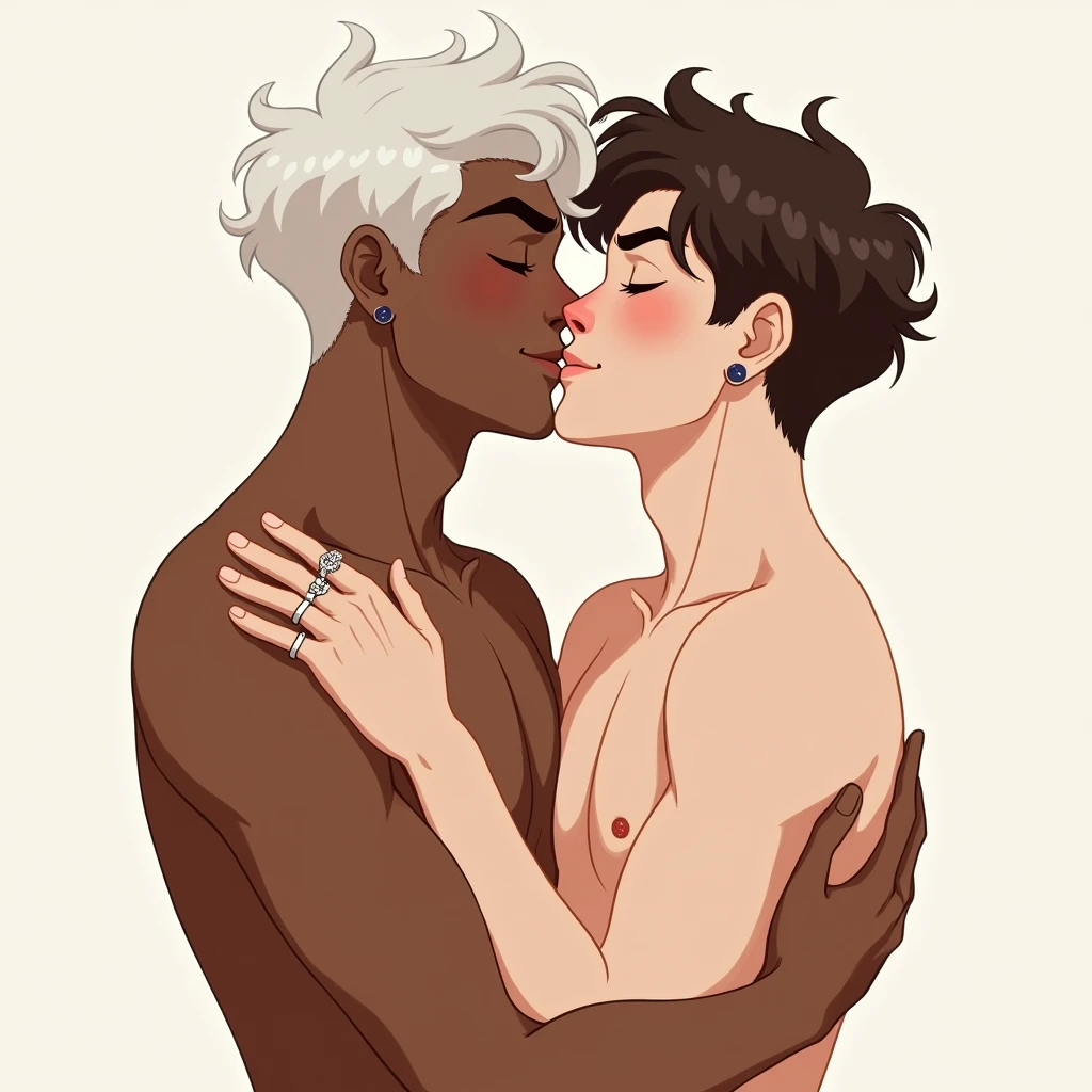 Young gay boyfriends celebrating two months of dating
Kissing and hugging
One is brown-skinned with white hair and tall
The other is white-skinned, brown hair and short stature
Both have rings in their ears
High resolution, simple background,