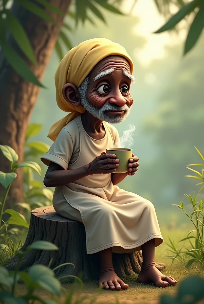 old black, sitting on a stump, wearing white clothes with an apron and a pastel yellow headscarf, drinking a cup of coffee 
