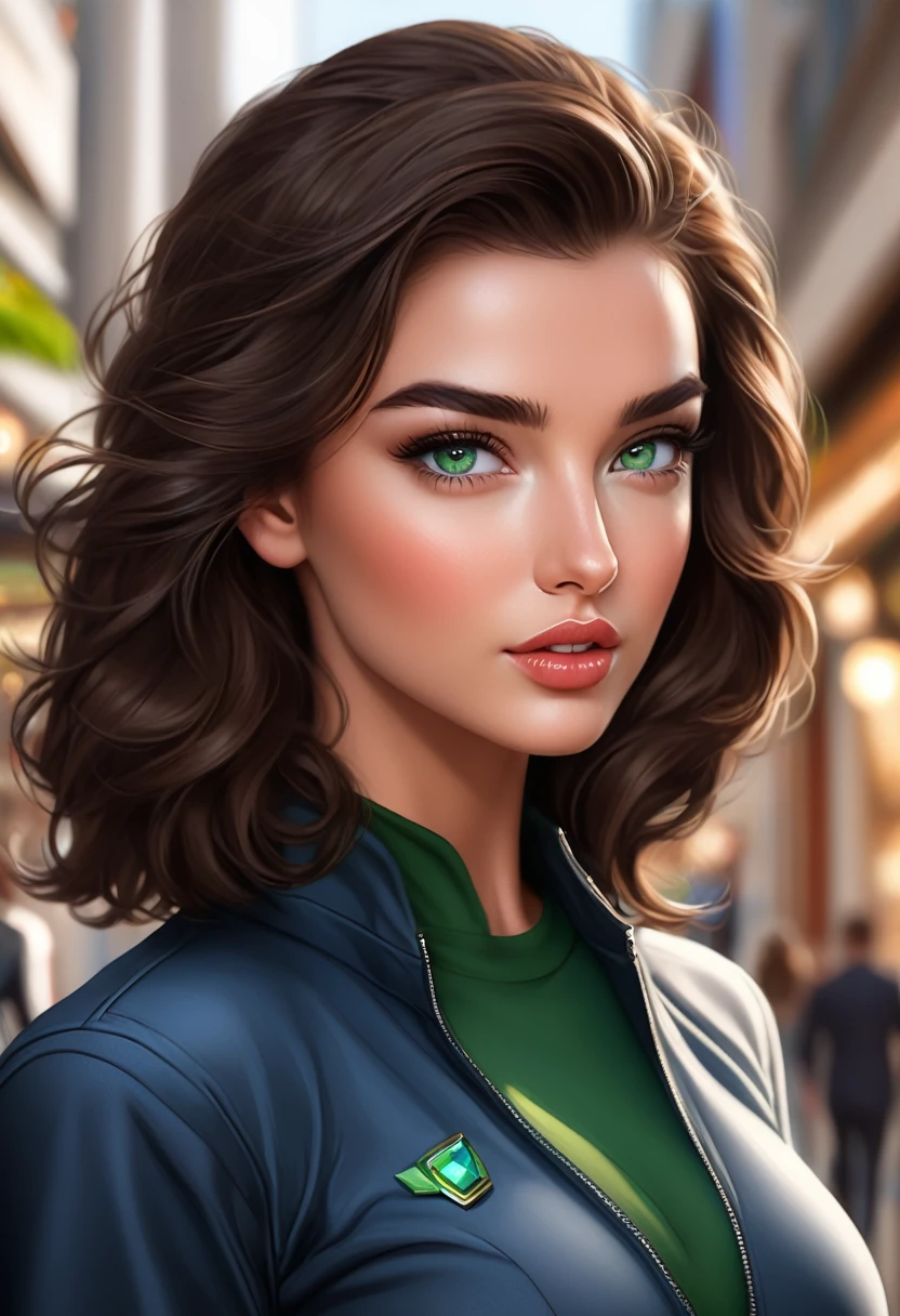 22-year-old girl, big brown hair, green eyes beautiful like amy Jackson at the mall with a 34 year old man with hair, dark short hair, blue eyes and gorgeous like Chris Wood