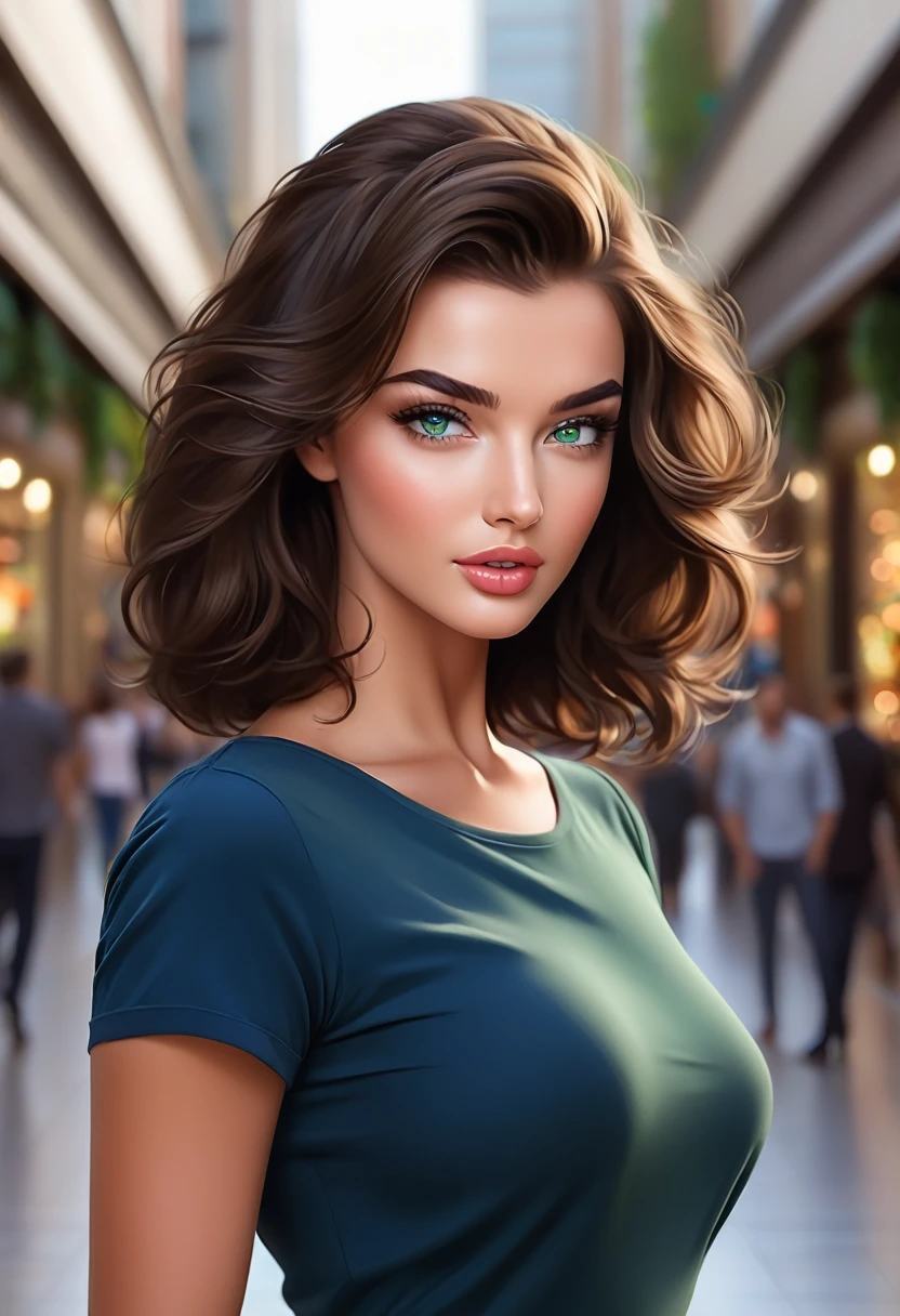 22-year-old girl, big brown hair, green eyes beautiful like amy Jackson at the mall with a 34 year old man with hair, dark short hair, blue eyes and gorgeous like Chris Wood