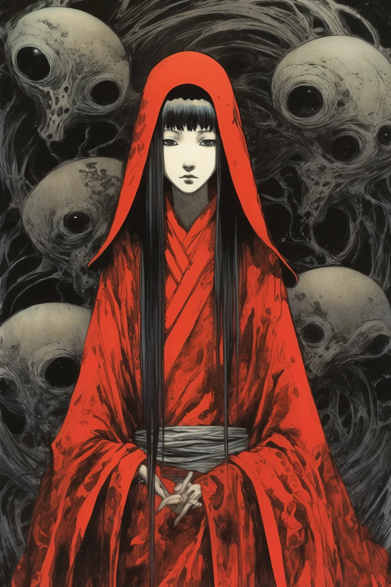 Philip Dorrье Style - Portrait of a Priestess in a Red Robe, Tsutomu Nihei, This is Junji. Dark tones. テーマはmystery主義を強調する, magic, Horror, mystery, magic. Make sure it fits within the frame. Keep the border simple and in line with the theme.