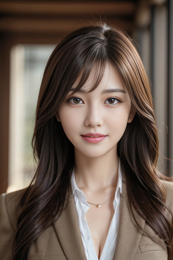 table top、highest quality、real、Super detailed、finely、High resolution、8k wallpaper、one beautiful woman、、light brown messy hair、wearing a business suit、sharp focus、perfect dynamic composition、beautiful detailed eyes、thin hair、Detailed and realistic skin texture、smile、close up portrait、model body shape