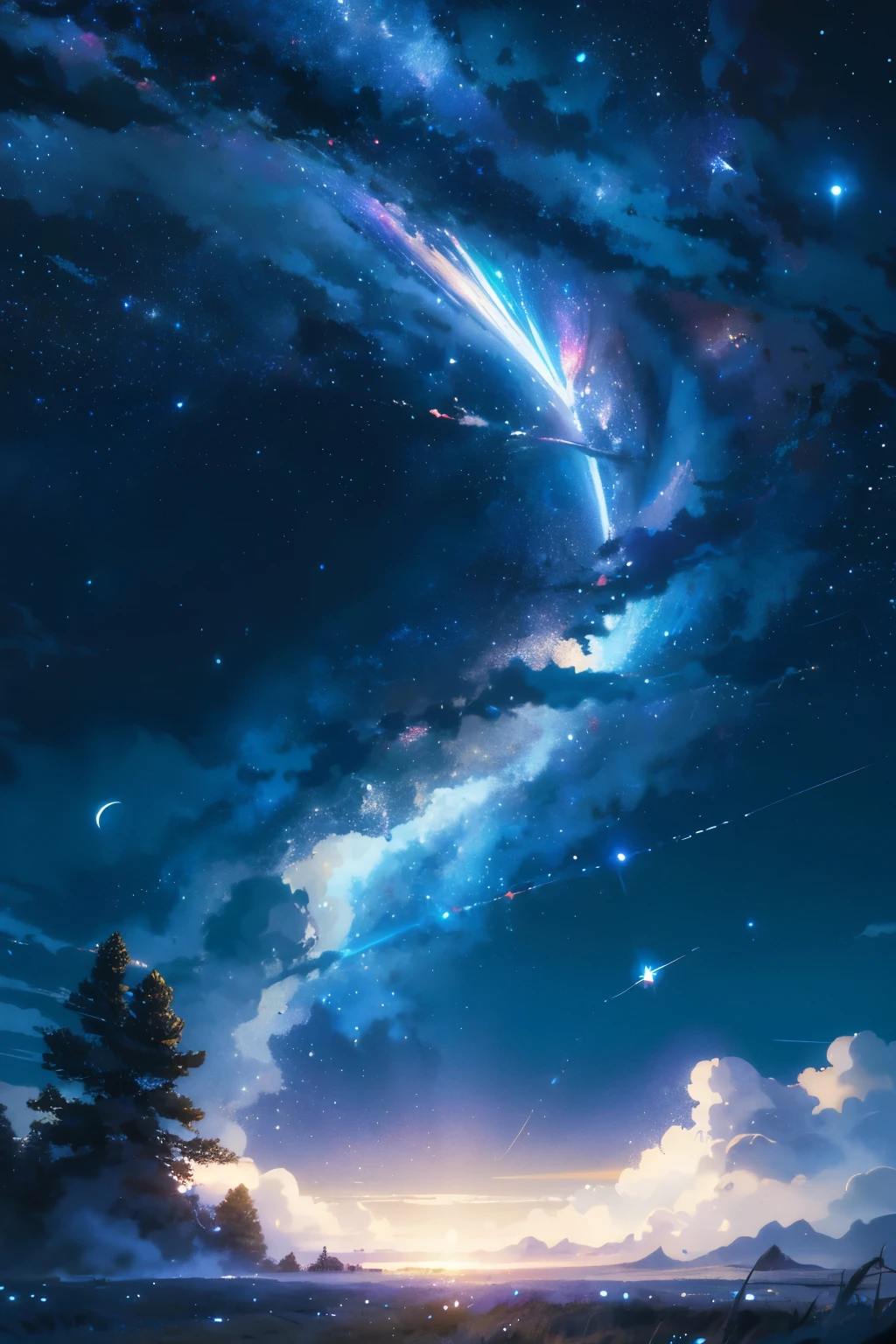 A vast, dreamy night sky filled with countless stars. The stars sparkle brightly, casting a soft glow over a peaceful landscape. A large, luminous crescent moon hangs in the sky, illuminating delicate wisps of clouds. The sky is a deep gradient of blues and purples, transitioning smoothly from horizon to the zenith. Gentle streaks of the Milky Way are visible, adding a magical, otherworldly touch. The scene feels serene and mystical, evoking a sense of wonder and calm in the quiet of the night.