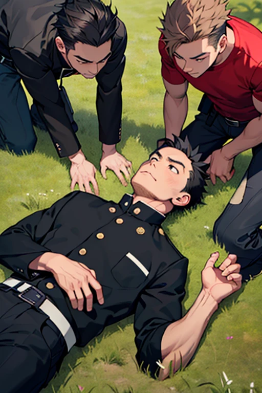 3 guys, With 3 people, Iris, Point pupils, Black Hair、Brown Hair, Black Hair、short hair, gakuran, Black jacket,Red Shirt、Black Belt, Black trousers, bad、Riverbank、On the grass、With 3 people笑顔、Lie down,　Upper Body　