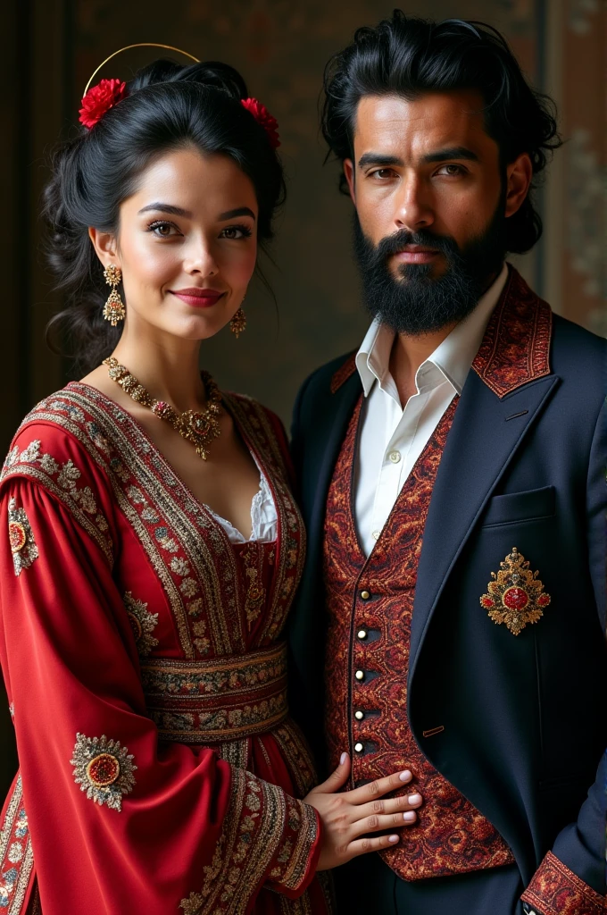 Peruvian married couple Gentlemen from Lima who live in an Andean village, black haired wife, white skin and elegant provincial dress, black haired husband, black beard, pale skin and suit of ancient authority figures from rural Peru