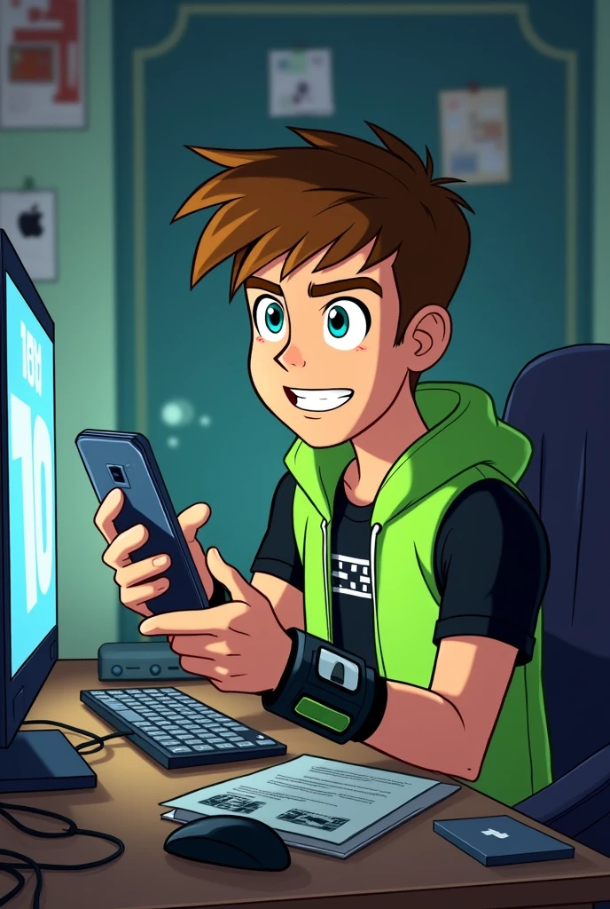 Ben 10 with a phone playing on the computer while looking back 