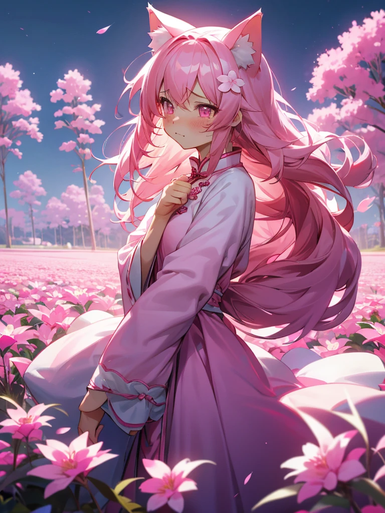 Pink cat ears, Pink cat tail, messy hair, long hair, pink hair, white and pink clothes, pink eyes, slight blush, sad face, moonlight, in love, pink and white chinese dress, in a flower field, glowify, Style soft, sleeves past wrists, sleeves past fingers