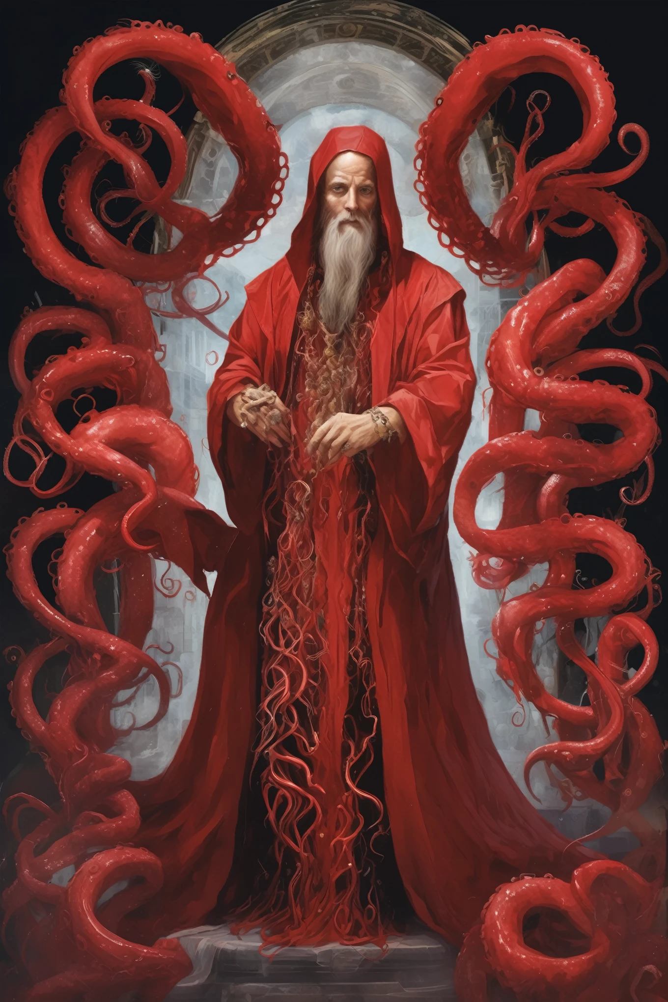 Philip Delarue style - High-quality oracle close-up portrait, Wearing a short red robe, Tentacles below, I can&#39;t see your face, Black void under the hood, An ancient obelisk in the form of an alien black cube by Junji Ito, Syd Mead, Tsutomu Nihei,. テーマはmystery主義を強調する, magic, Horror, mystery, magic. Make sure it fits within the frame. Keep the border simple and in line with the theme.