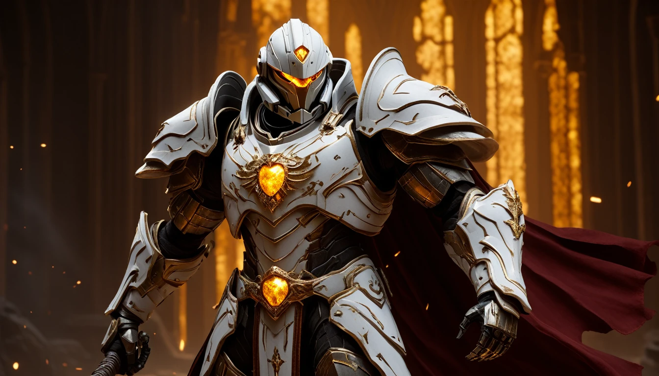 Masterpieces, male, Holy white Knight, (white armor) Action style shot, in a vampire castle, dark souls and elden ring style red, grey and silver color background scheme. (no undercloth), holding a hammer in one hand and a shield in the other, Glowing amber colored Christian Cross on breastplate, (Battle Priest in a warframe and halo style armor holding a hammer and shield with radiant amber light, emanating potent gold light magic.), (amber half cape), (action shot: walking through dark vampire castle), (white, amber and gold color scheme), (5 amber gems on belt), (holy light magic effects), white and amber tabard, centered, full body shot fighting, sci-fi knight, Halo master chief, vibrant colors, visible figure joints, cinematic shot, volumetric lighting, intricate pattern detail, highly detailed