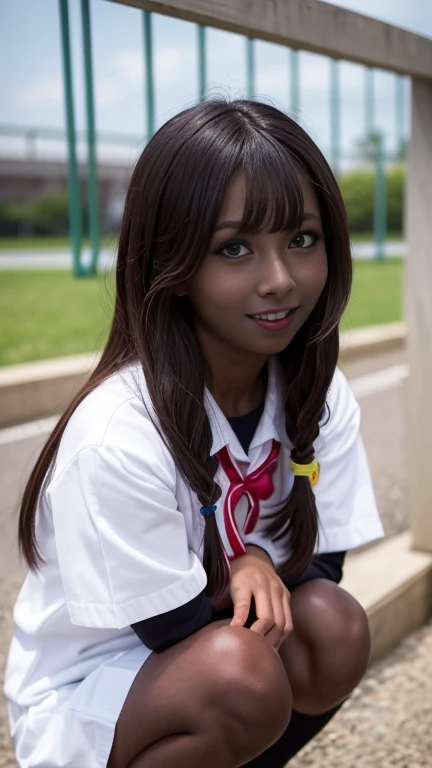 Best-quality, Masterpiece, Ultra-High-Resolution, (Photorealistic:1.4), Raw-Photo, full-body-shot, front-view, from-below, 1girl, the most famous Japanese idol, squatting at stairways, wearing matching Japanese-high-school-uniform, (extremely cute face like the most popular Japanese idol, (extremely beautiful big-eyes)), extremely beautiful hair, extremely beautiful skins, extremely beautiful long-eyelashes, extremely beautiful lips, extremely beautiful short-body, extremely beautiful thighs, innocent-smile, looking at viewer, dynamic-pose, detailed playground, detailed matching-Japanese-high-school-uniform, detailed Panchira,(( dark skin:1.6 ))