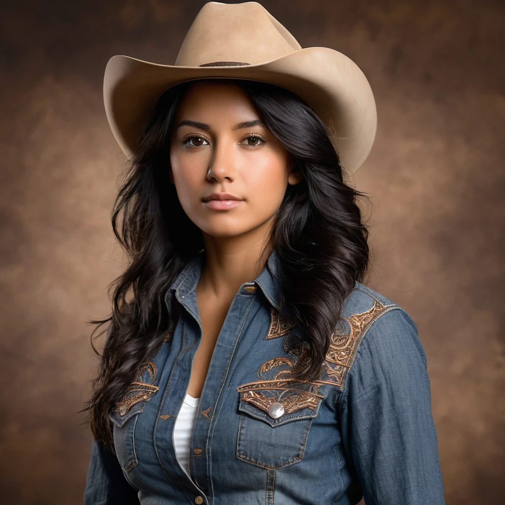 Create a head-to-waist AI image of a young woman with black hair, brown eyes, and tanned skin. She is wearing a cowboy hat and cowboy clothes in brown and black colors. The woman is looking at the viewer. The image should be an enhanced edition, featuring higher quality with detailed shadows and natural light, capturing the classic Western vibe.