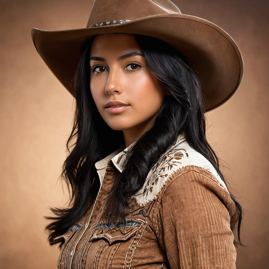 Create a head-to-waist AI image of a young woman with black hair, brown eyes, and tanned skin. She is wearing a cowboy hat and cowboy clothes in brown and black colors. The woman is looking at the viewer. The image should be an enhanced edition, featuring higher quality with detailed shadows and natural light, capturing the classic Western vibe.