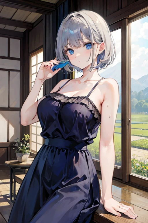 ,High resolution, Gray Hair, Shortcuts,anime,masterpiece, Anatomically correct, 最high quality, High detail, high quality, blue eyes,Megami Magazine, Large Breasts, short hair,Shortcuts, a room with air conditioning, Cool, Fan, countryside, There are rice paddies in the back, countrysideの風景, Sweat, camisole