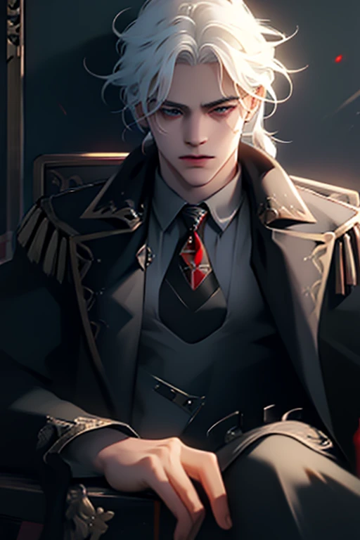 man,  adult, in a mobster suit, pistol, soft hair, Red eyes, handsome, with white hair 