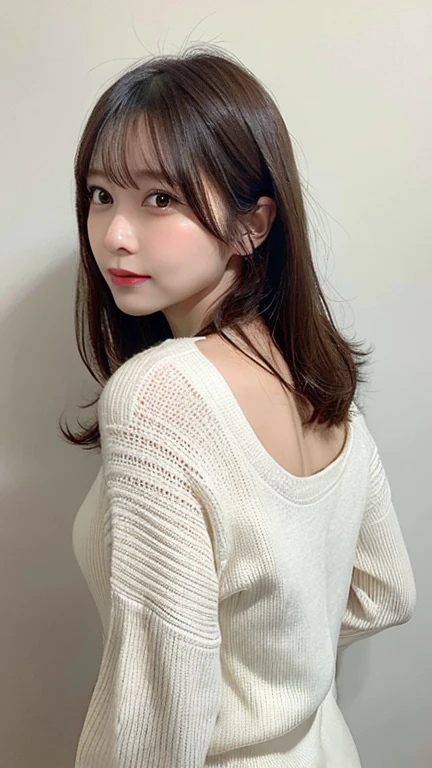 No white background, Back view,Beautiful woman looking back,Looking back,profile,Downcast eyes,Highest quality, shape, Very detailed, In detail, High resolution, 8k wallpaper, Perfect dynamic composition, Beautiful attention to detail, Natural Lip, sexy knit dress , Big Breasts, Random sexy poses, whole body, Mature Woman, 美しいMature Woman