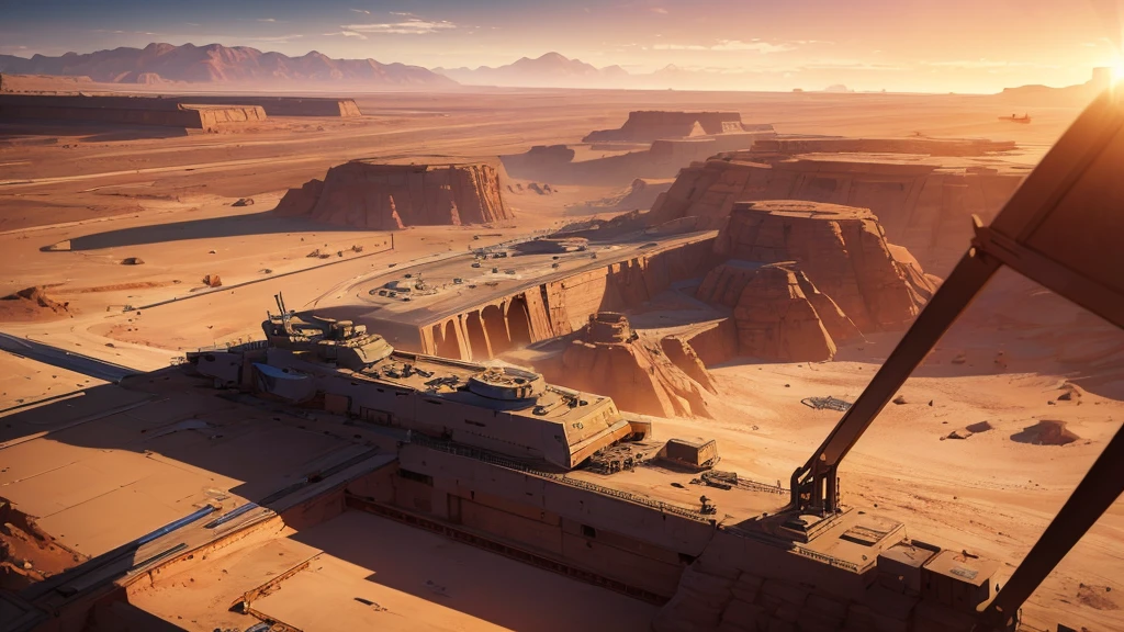 "high qualiy, best qualityer, work of art, view from above, airport of ship, desert scenery, Surface of Venus, arid, metal structures, landing strip, hangars, dust, rockery, reddish sky, minute details, dramatic lighting, Tabletop RPG perspective"