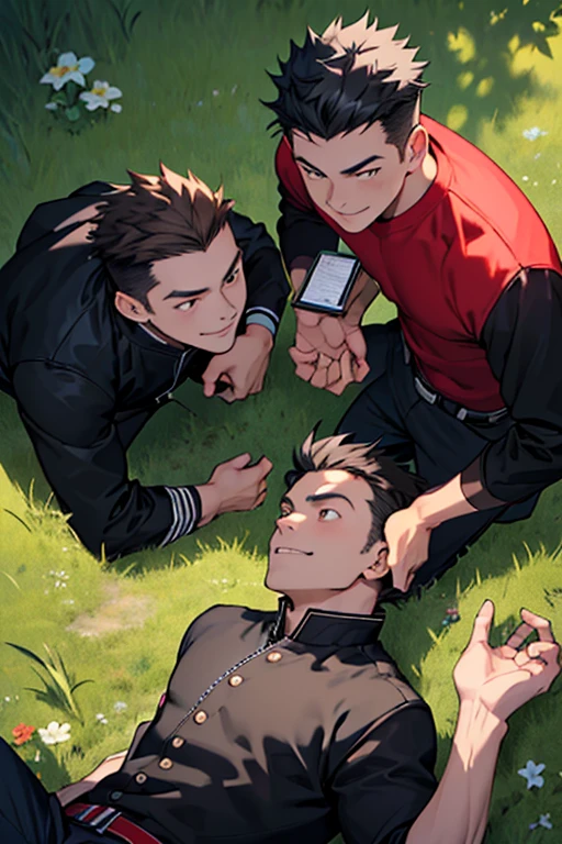 3 guys, With 3 people, Iris, Point pupils, Black Hair、Brown Hair, Black Hair、short hair, gakuran, Black jacket,Red Shirt、Black Belt, Black trousers, bad、Riverbank、On the grass、Three people standing in a row smiling、Lie down,　Upper Body　View from above。