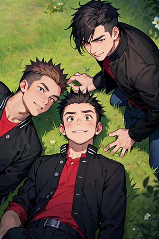 3 guys, With 3 people, Iris, Point pupils, Black Hair、Brown Hair, Black Hair、short hair, gakuran, Black jacket,Red Shirt、Black Belt, Black trousers, bad、Riverbank、On the grass、Three people standing in a row smiling、Lie down,　Upper Body　View from above。