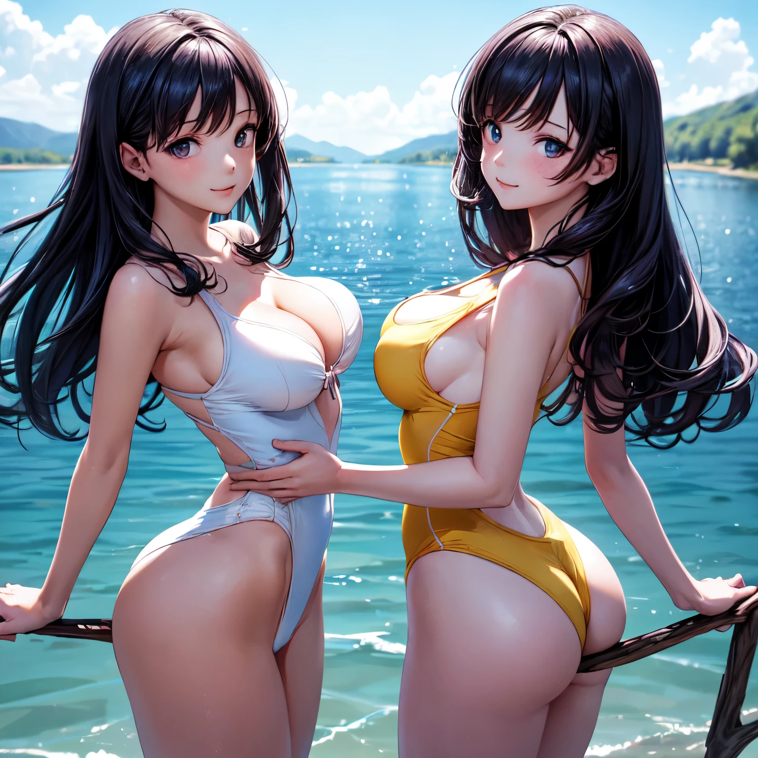 ((masterpiece,best quality,ultra detailed,high resolution)),(daytime,clear weather,bloom),looking viewer,((2-girls,
beautiful-girls)),(black hair,straight hair),(beautiful detailed face,beautiful detailed eyes),(finely detailed skin,fair skin),slender,light smile,(one-piece competition swimsuits,impossible clothes),(on the beautiful lake,beautiful sky),((cowboy shot)),(medium breast,perky breast,medium hip),(cameltoe),((symmetrical docking)),stick out butt,