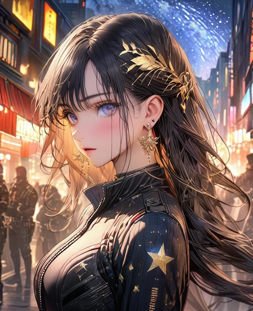 8k,Ephemeral beauty,Very delicate and beautiful,Beautiful and realistic skin,Earrings that shine like jewels,Black Hair、Long and colorful hair,Beautiful Eyes,good,A beautiful starry night、Combat Uniform、assassin、City of night