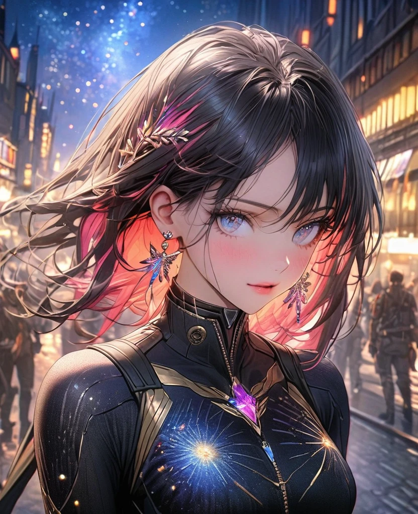 8k,Ephemeral beauty，Very delicate and beautiful,Beautiful and realistic skin,Earrings that shine like jewels,Black Hair、Long and colorful hair,Beautiful Eyes,good,A beautiful starry night、Combat Uniform、assassin、City of night
