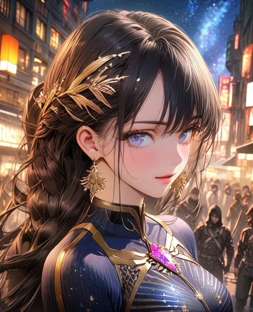 8k,Ephemeral beauty，Very delicate and beautiful,Beautiful and realistic skin,Earrings that shine like jewels,Black Hair、Long and colorful hair,Beautiful Eyes,good,A beautiful starry night、Combat Uniform、assassin、City of night
