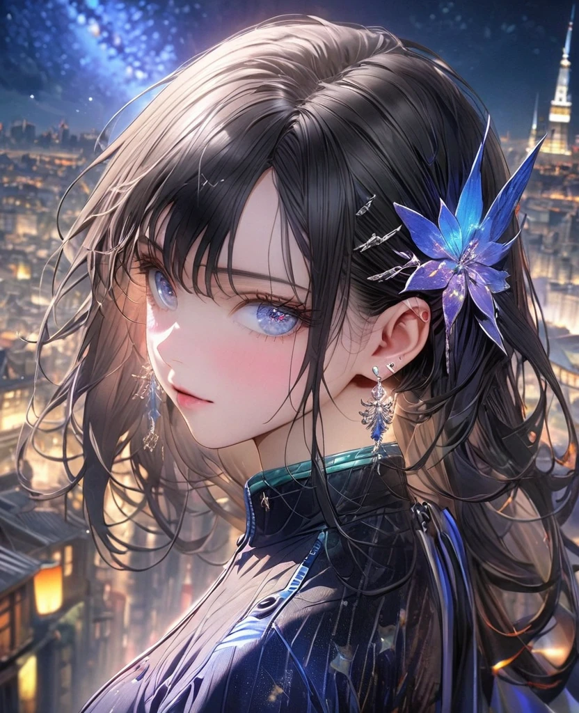 8k,Ephemeral beauty,Very delicate and beautiful,Beautiful and realistic skin,Earrings that shine like jewels,Black Hair、Long and colorful hair,Beautiful Eyes,good,A beautiful starry night、Combat Uniform、assassin、City of night