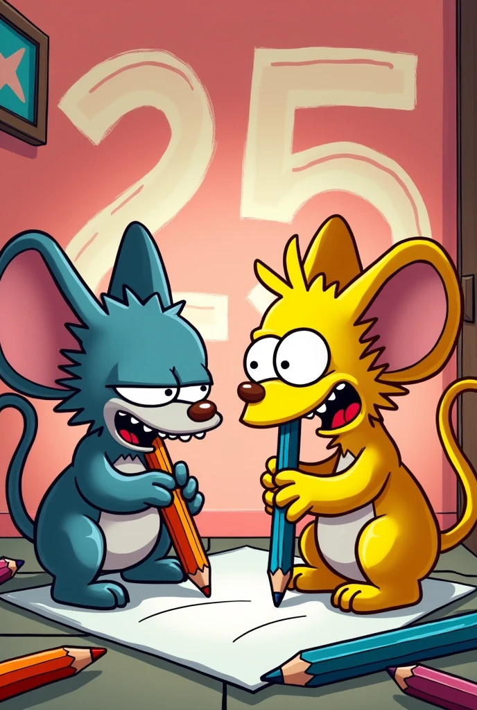 Create an image with the number 25 and Itchy and Scratchy appear, but both with pencils and rulers.