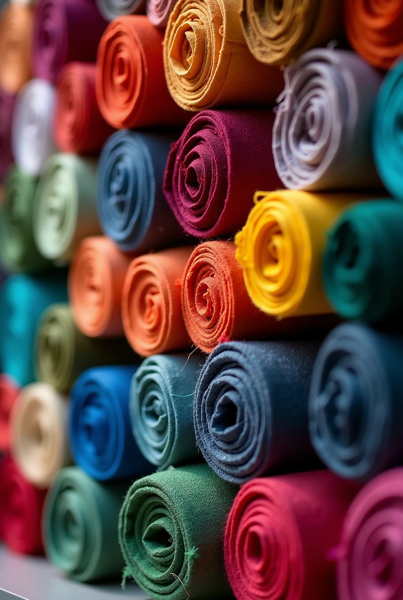 Close-up rolls of fabric in many colors
 