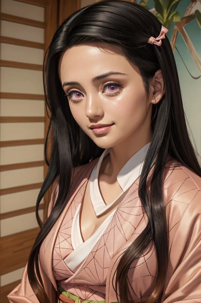 (Ultra Real), (Illustration), (High Resolution), (8K), (Very Detailed), (Best Illustration), (Beautiful Detailed Eyes), (Best Quality), (Ultra Detailed), (Masterpiece), (Wallpaper), (Detailed Face), Night Up, Ice Cream,Long Hair,Solo,Simple Kimono Top Girl, Sweaty, Japan Person, Big , (Camel Toe), (Nezuko Kamado, Kamado Nezuko, pink kimono), Flirty Smile, seductive, pomade, cleavage