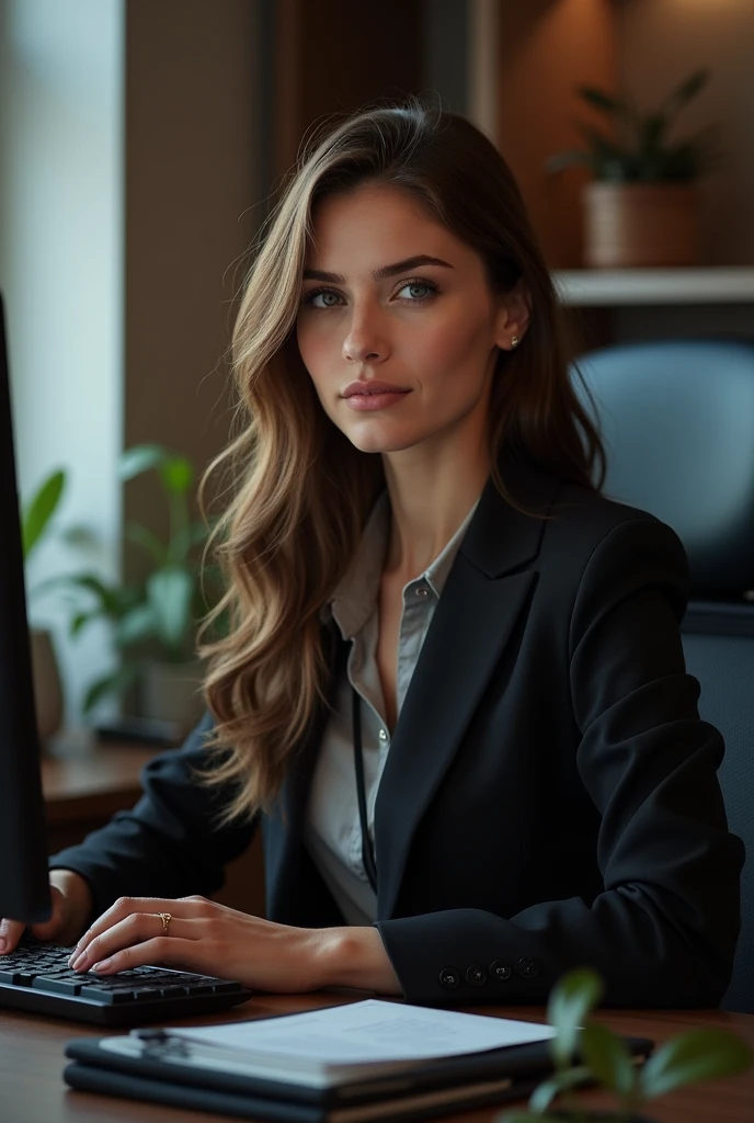 a beautiful eastern europe girl 25 years old, detailed eyes, nose, and lips, wearing professional outfit, siting in her office, using her computer, hp comuter (best quality,4k,8k,highres,masterpiece:1.2),ultra-detailed,(realistic,photorealistic,photo-realistic:1.37),HDR,studio lighting,extremely detailed face and body, portrait,cinematic lighting,dramatic lighting,warm color tones,dramatic colors