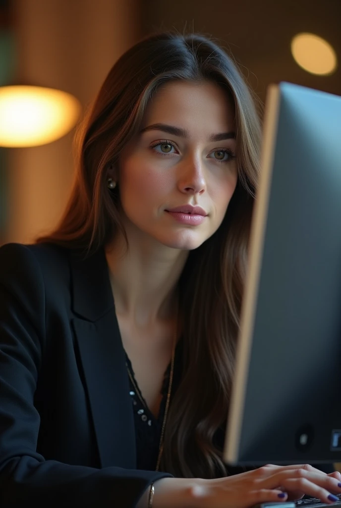 a beautiful eastern europe girl 25 years old, detailed eyes, nose, and lips, wearing  professional outfit, siting in her office, using her computer, hp comuter (best quality,4k,8k,highres,masterpiece:1.2),ultra-detailed,(realistic,photorealistic,photo-realistic:1.37),HDR,studio lighting,extremely detailed face and body, portrait,cinematic lighting,dramatic lighting,warm color tones,dramatic colors