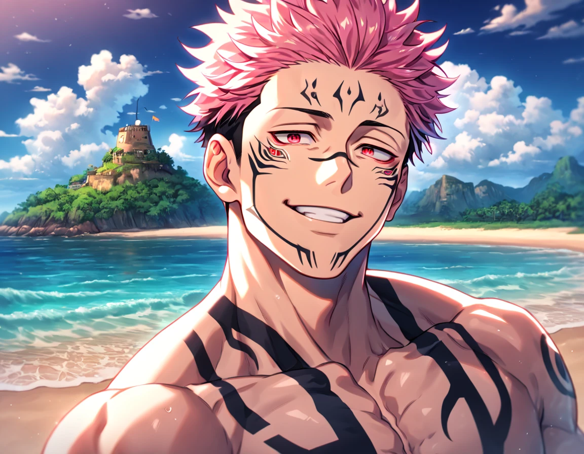 absurdres, highres, ultra detailed, HDR, master piece, Ryoumen Sukuna, pink hair, expressive red eyes, without shirt, Jujutsu Kaisen, toned chest, bare chest, sexy man, handsome, best quality, beach, fantasy, magical, solo, water, sensual, horny, green leaves, flowers, manly man, close up