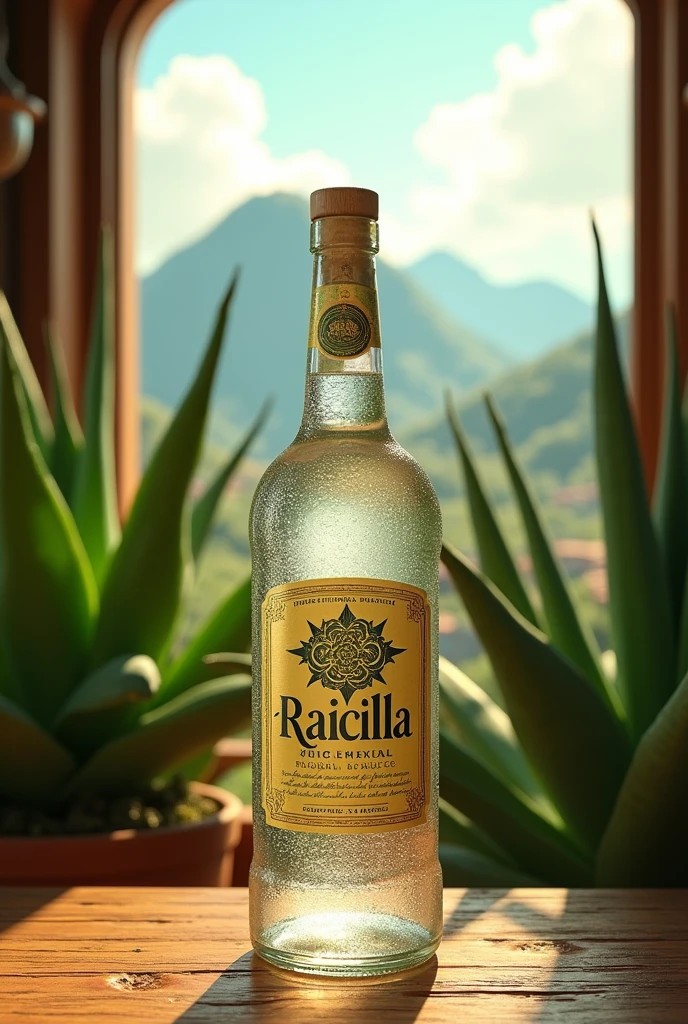 (photorealism:1.2), Una botella de Raicilla rodeada de agaves, The liquid inside the bottle has to be withe transparent, con un fondo que represente las montañas de Jalisco. soft lighting, big agave plants in background, window with sunlight, cozy room, relaxed pose, realistic, intricate details, warm colors, by Greg Rutkowski, by Alphonse Mucha,
