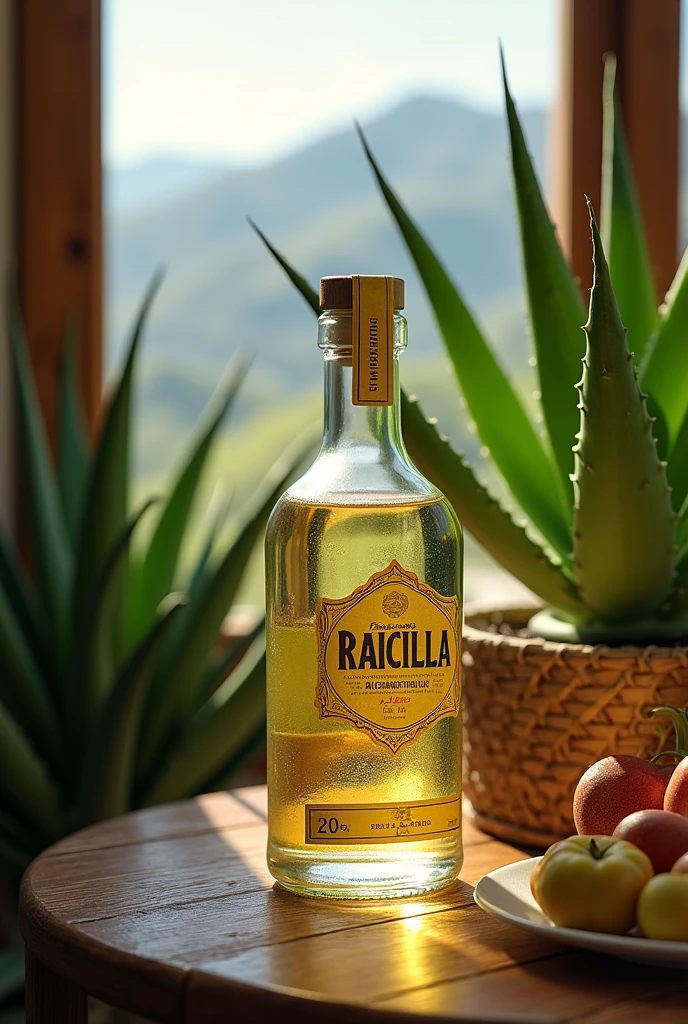 (photorealism:1.2), Una botella de Raicilla rodeada de agaves, The liquid inside the bottle has to be withe transparent, con un fondo que represente las montañas de Jalisco. soft lighting, big agave plants in background, window with sunlight, cozy room, relaxed pose, realistic, intricate details, warm colors, by Greg Rutkowski, by Alphonse Mucha,