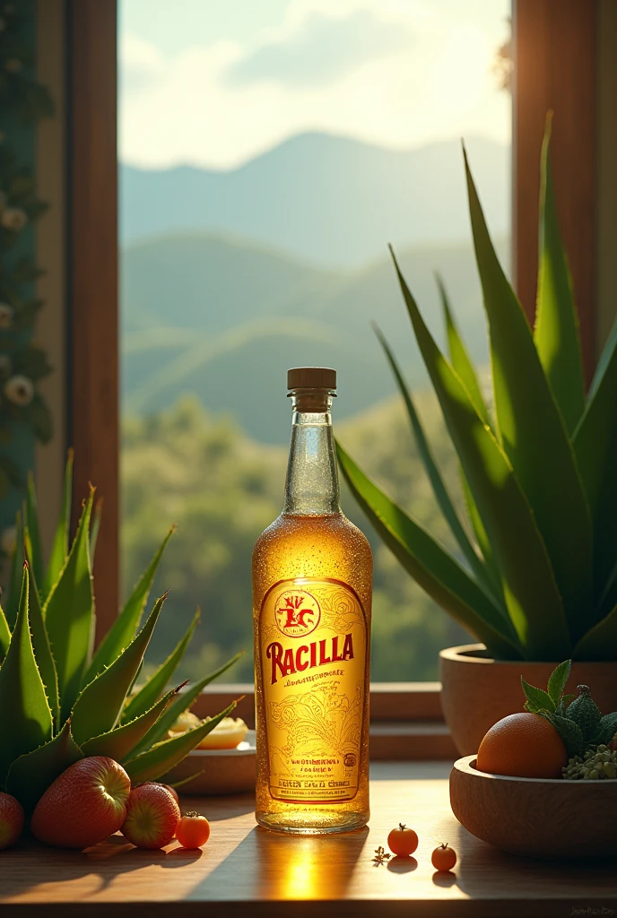 (photorealism:1.2), Una botella de Raicilla rodeada de agaves, The liquid inside the bottle has to be withe transparent, con un fondo que represente las montañas de Jalisco. soft lighting, big agave plants in background, window with sunlight, cozy room, relaxed pose, realistic, intricate details, warm colors, by Greg Rutkowski, by Alphonse Mucha,