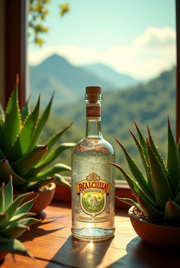 (photorealism:1.2), Una botella de Raicilla rodeada de agaves, The liquid inside the bottle has to be withe transparent, con un fondo que represente las montañas de Jalisco. soft lighting, big agave plants in background, window with sunlight, cozy room, relaxed pose, realistic, intricate details, warm colors, by Greg Rutkowski, by Alphonse Mucha,